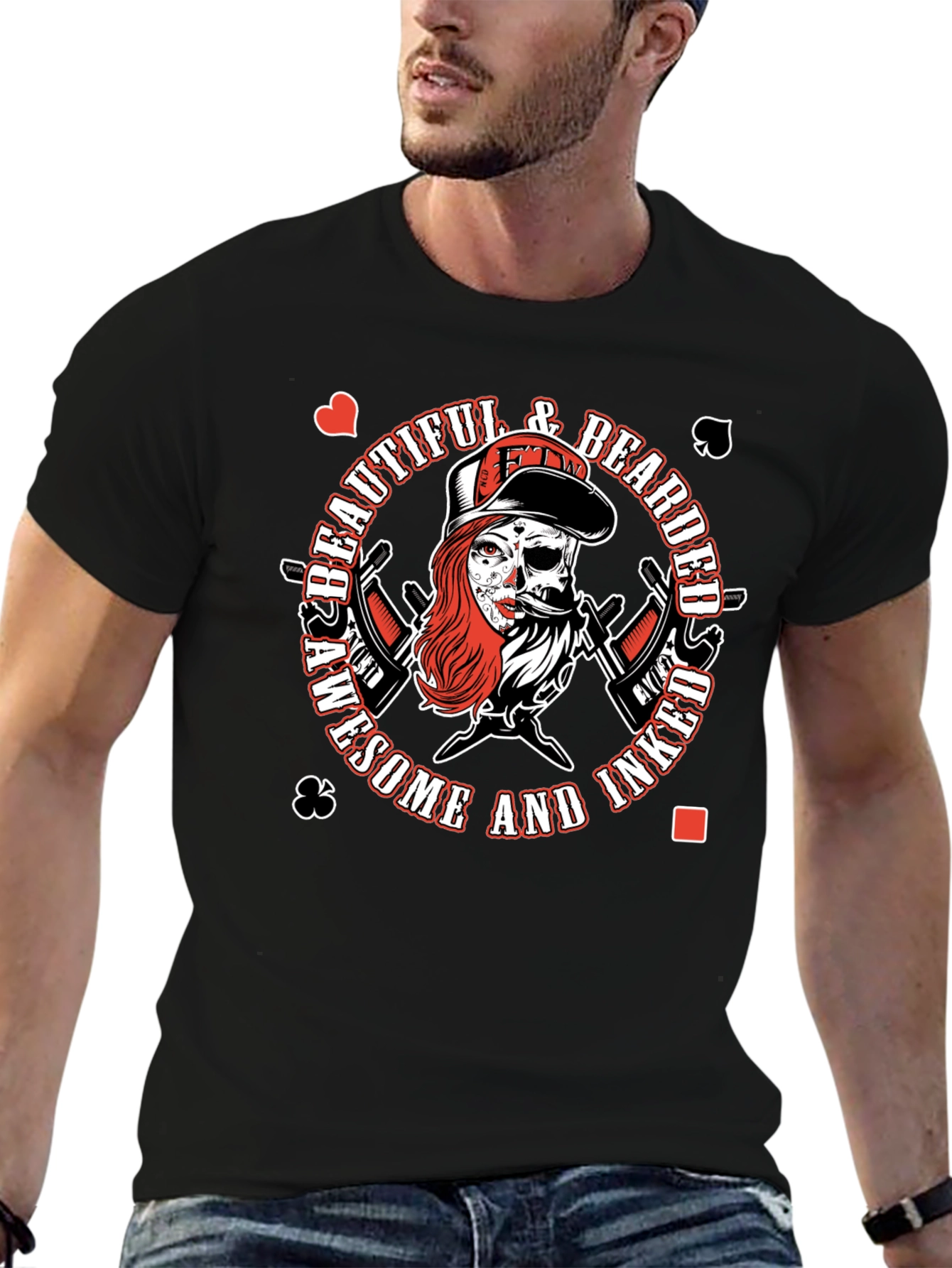 Awesome Inked Bearded Skull Graphic T-Shirt