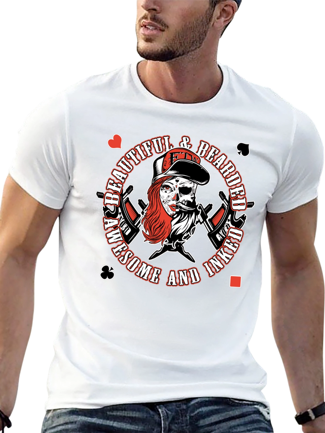 Awesome Inked Bearded Skull Graphic T-Shirt