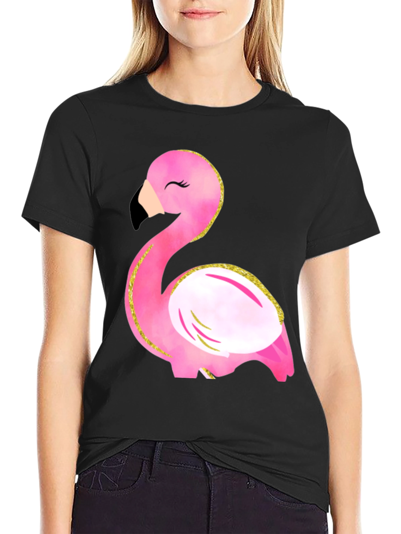 Fun Flamingo Graphic Tee - Black Cotton T-Shirt