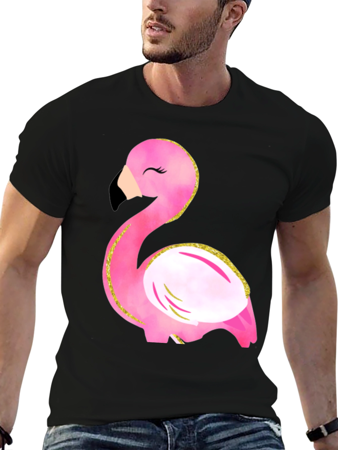 Fun Flamingo Graphic Tee - Black Cotton T-Shirt