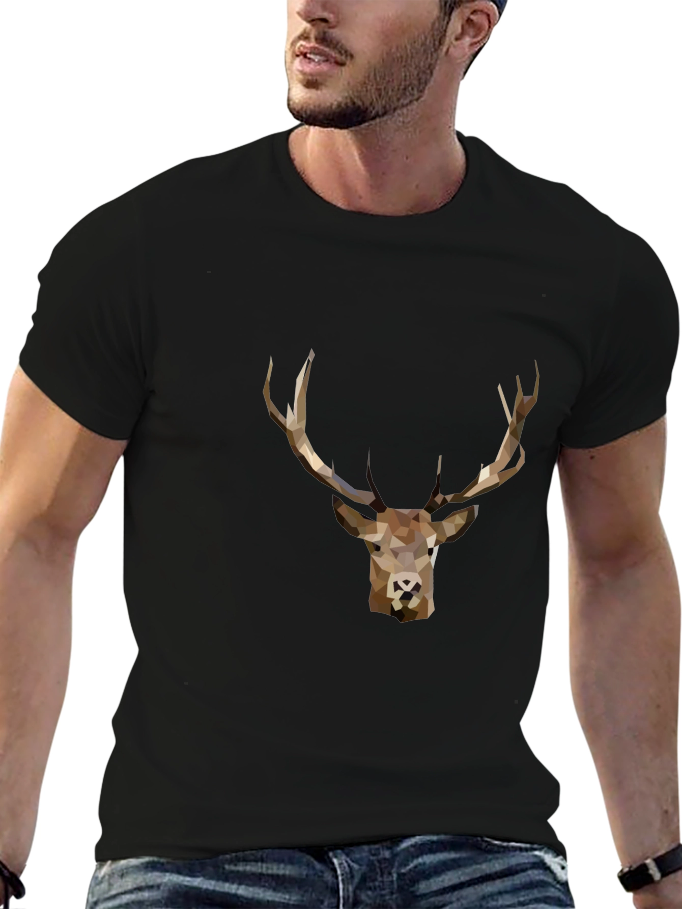 Geometric Deer Graphic Tee - Black