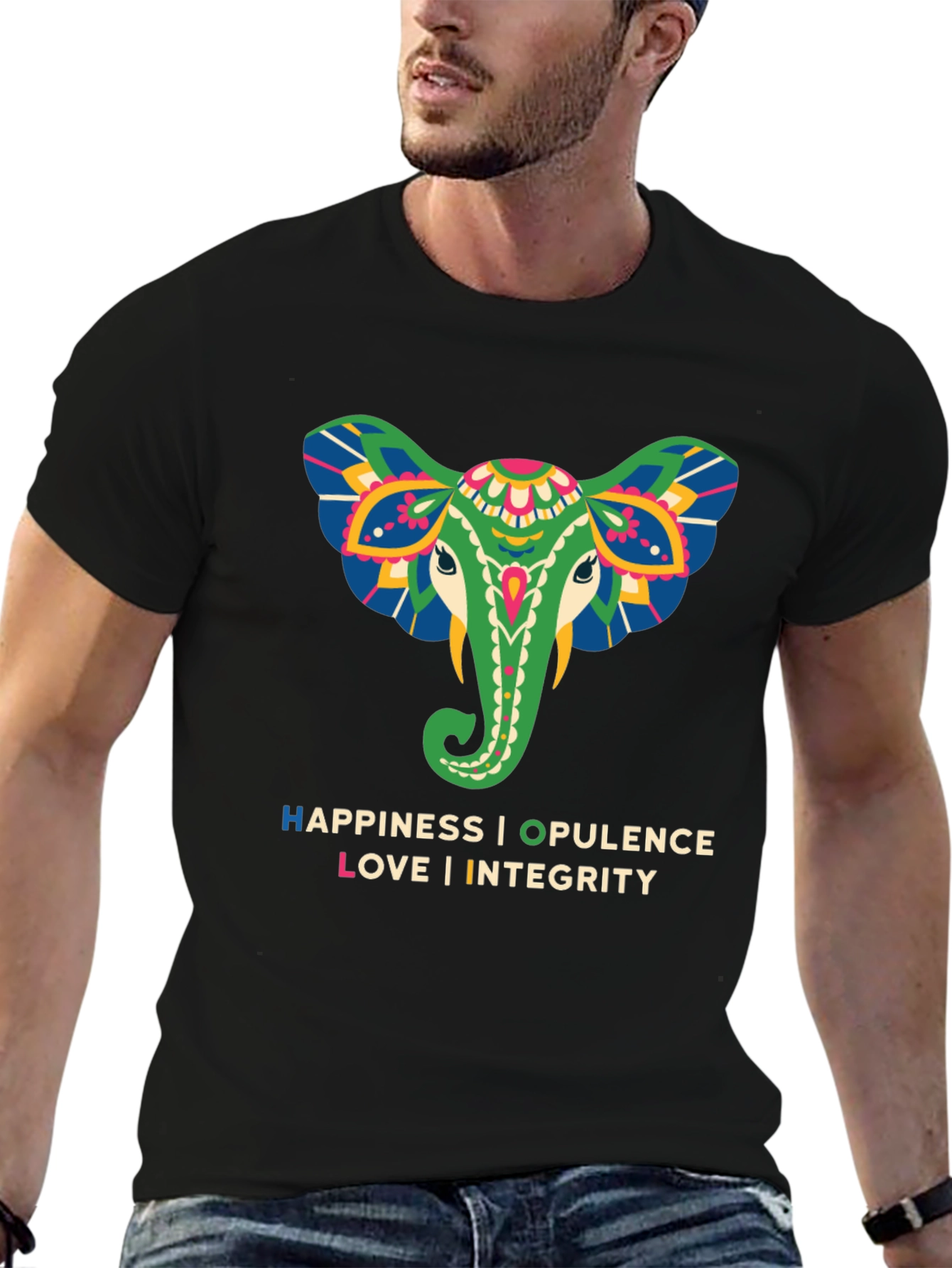 Elephant Graphic Tee: Happiness Opulence Love & Integrity