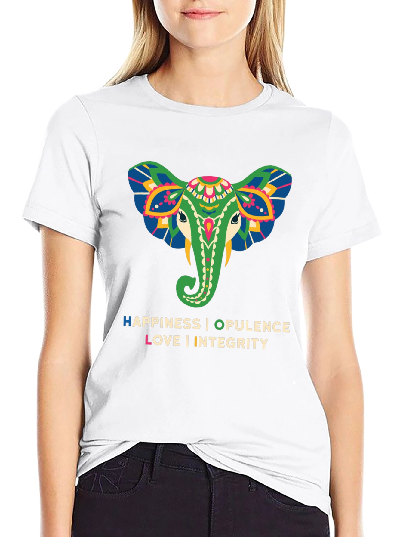 Elephant Graphic Tee: Happiness Opulence Love & Integrity