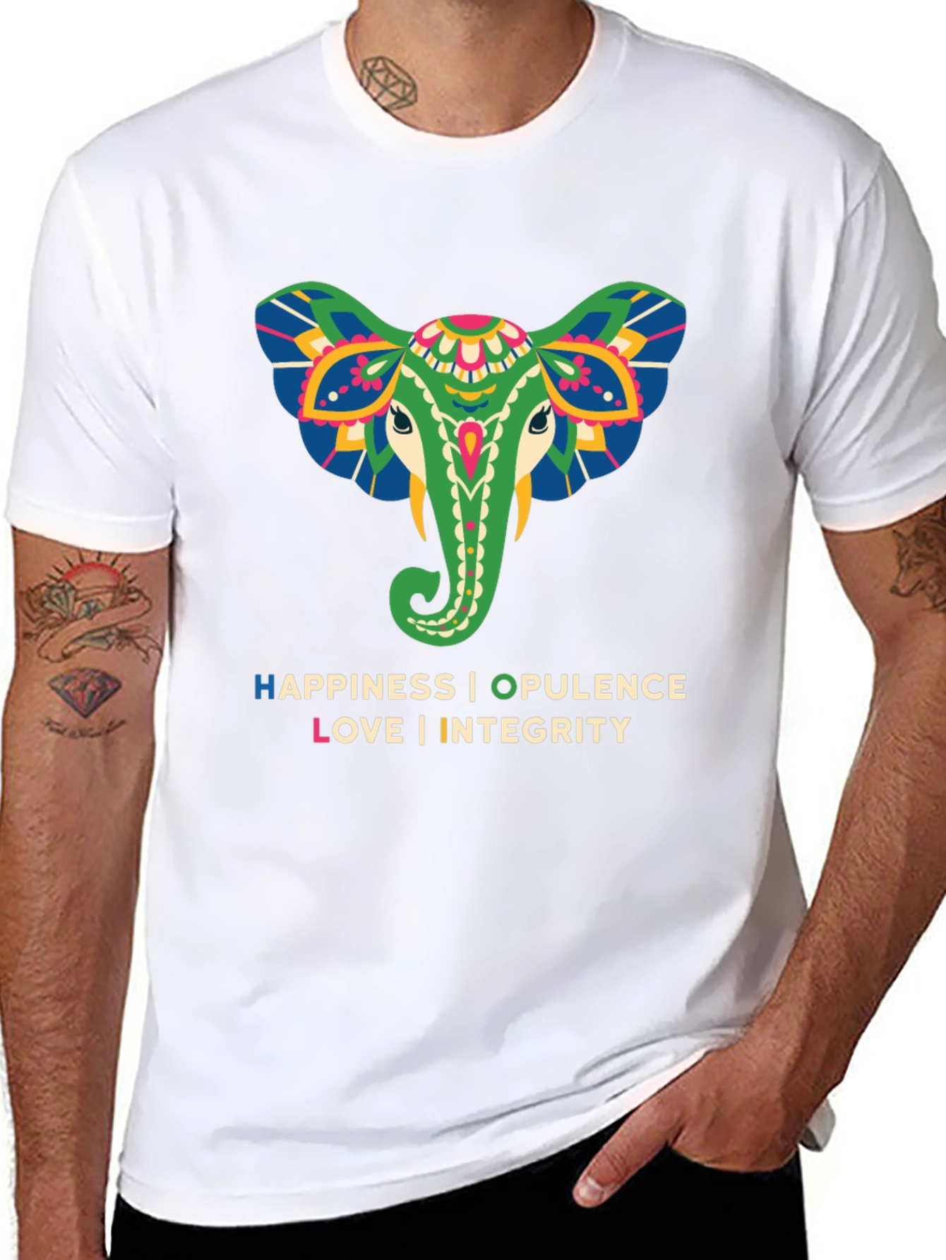 Elephant Graphic Tee: Happiness Opulence Love & Integrity