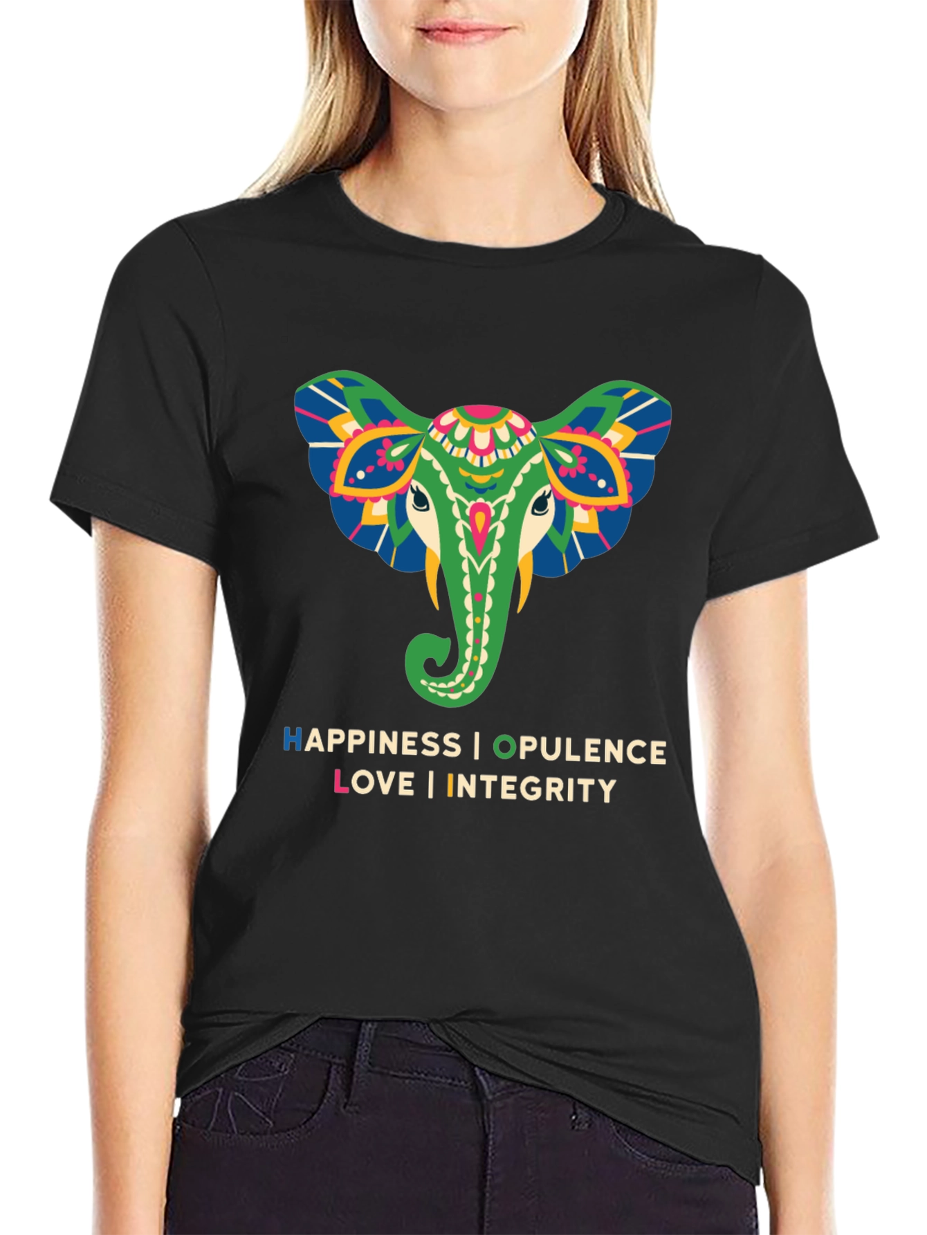 Elephant Graphic Tee: Happiness Opulence Love & Integrity