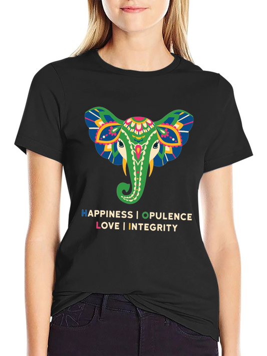 Elephant Graphic Tee: Happiness Opulence Love & Integrity