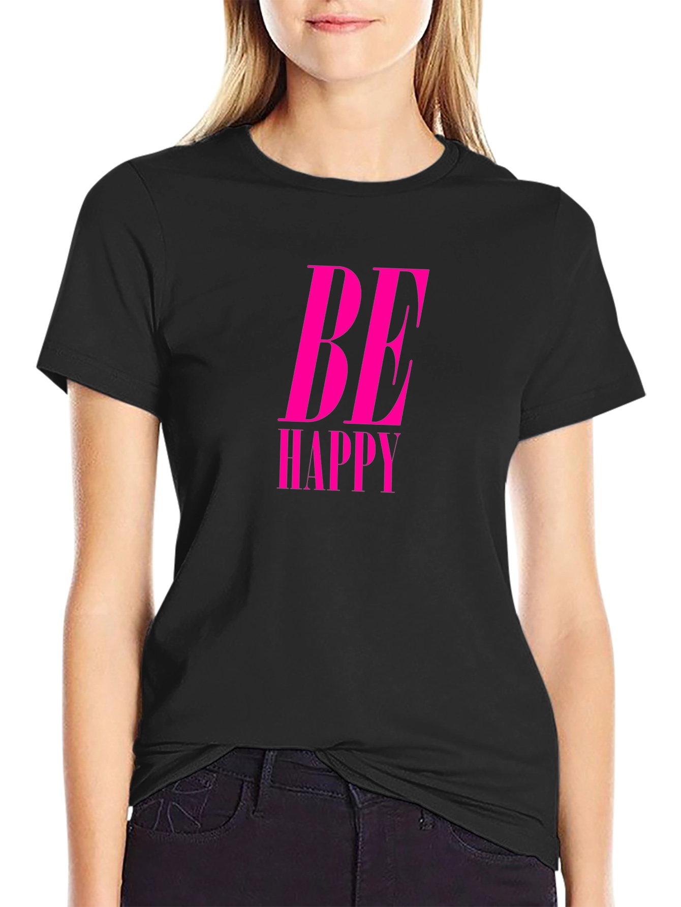 Be Happy Pink Graphic Black Tee