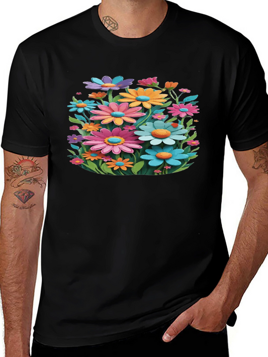 Floral Black T-Shirt - Colorful Flower Garden Tee