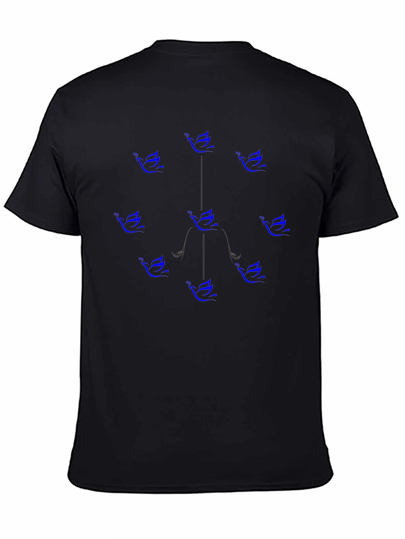 Blue Bird Pattern Black Cotton T-Shirt