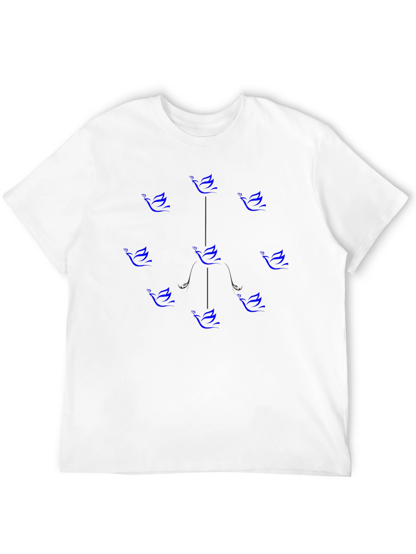 Blue Bird Pattern Black Cotton T-Shirt