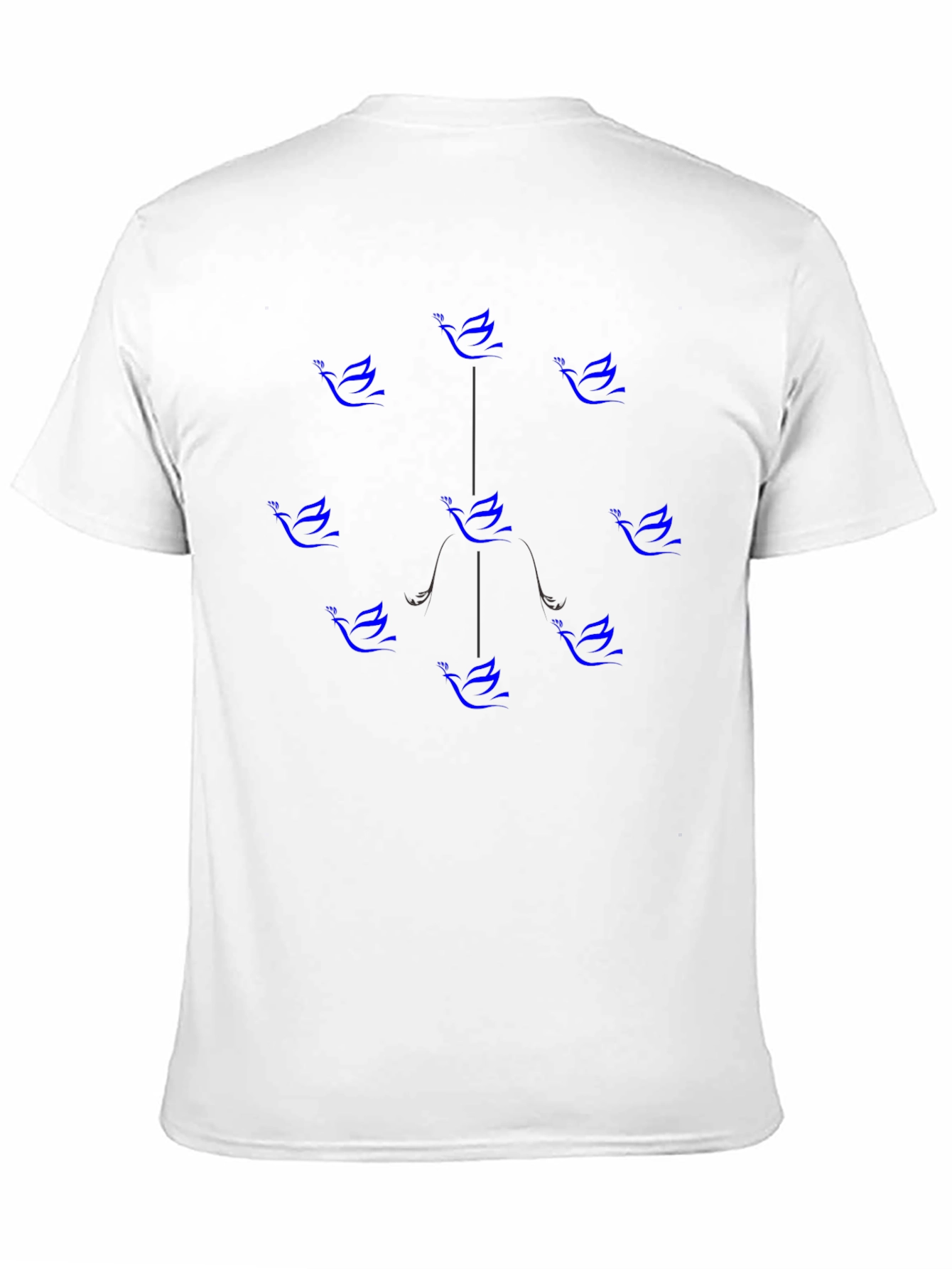 Blue Bird Pattern Black Cotton T-Shirt