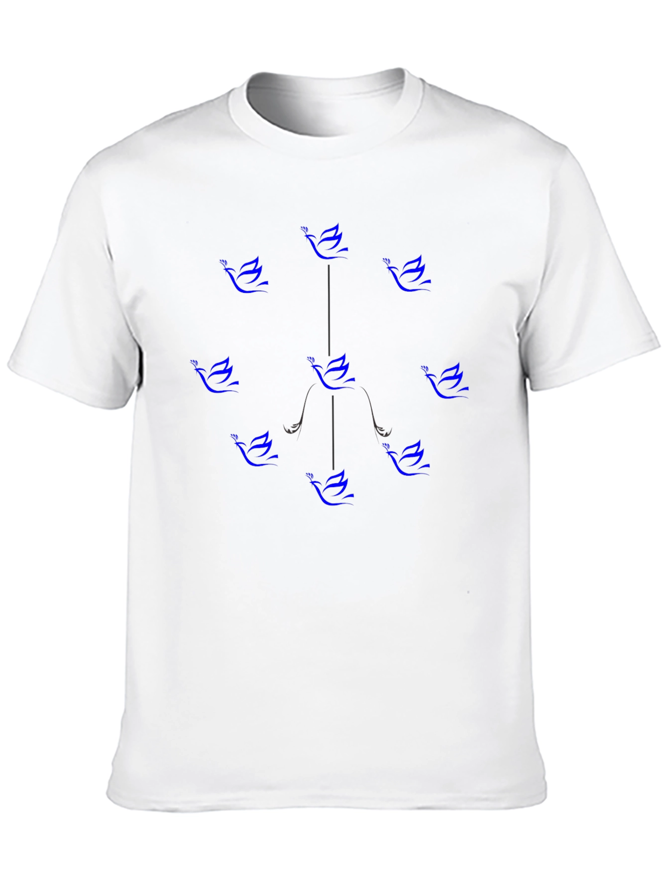 Blue Bird Pattern Black Cotton T-Shirt