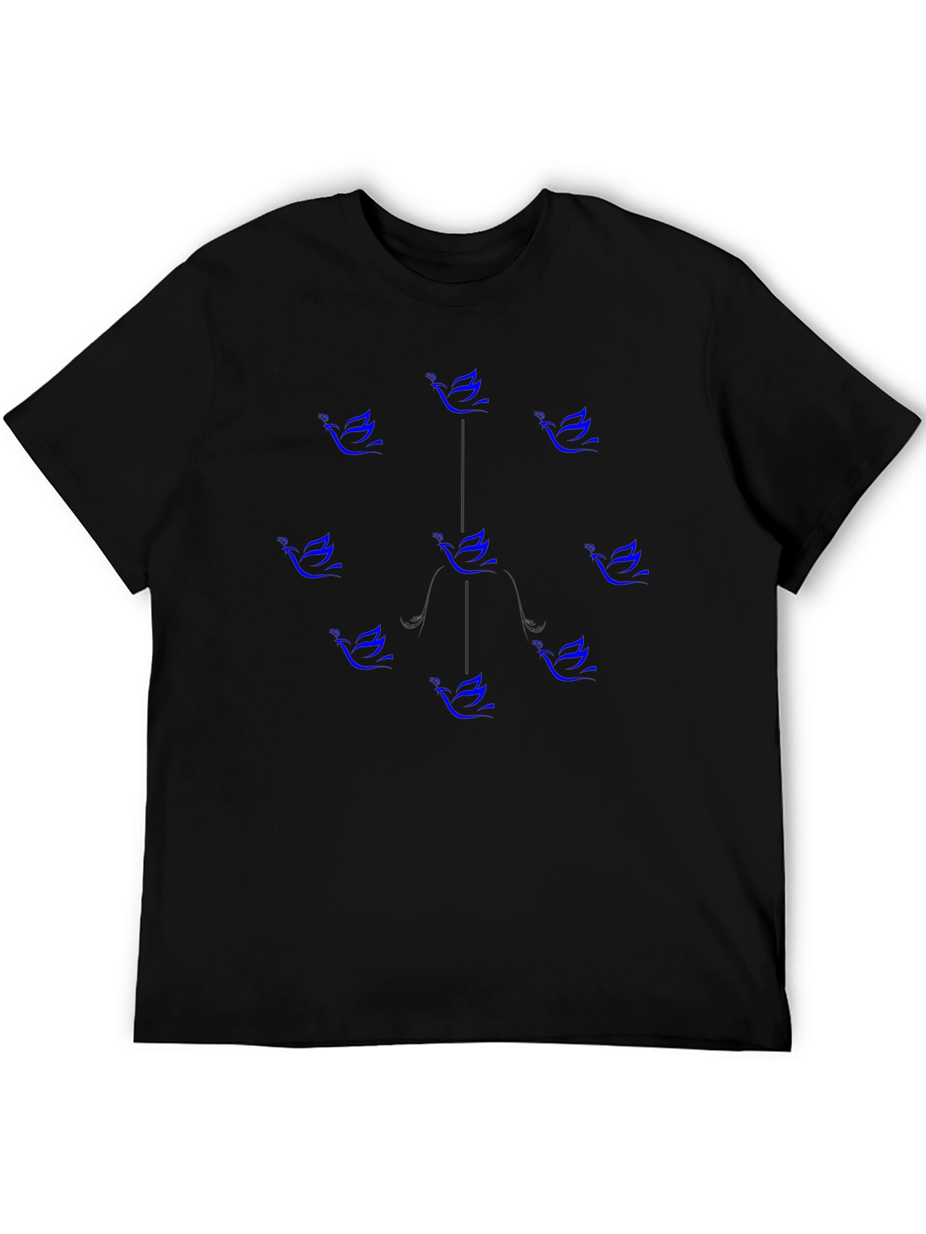 Blue Bird Pattern Black Cotton T-Shirt