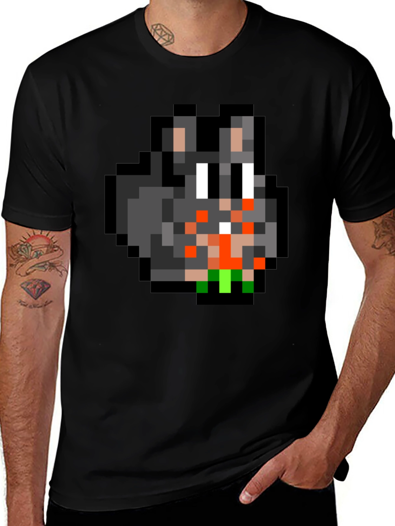 Pixel Art Bunny Graphic Tee - Black