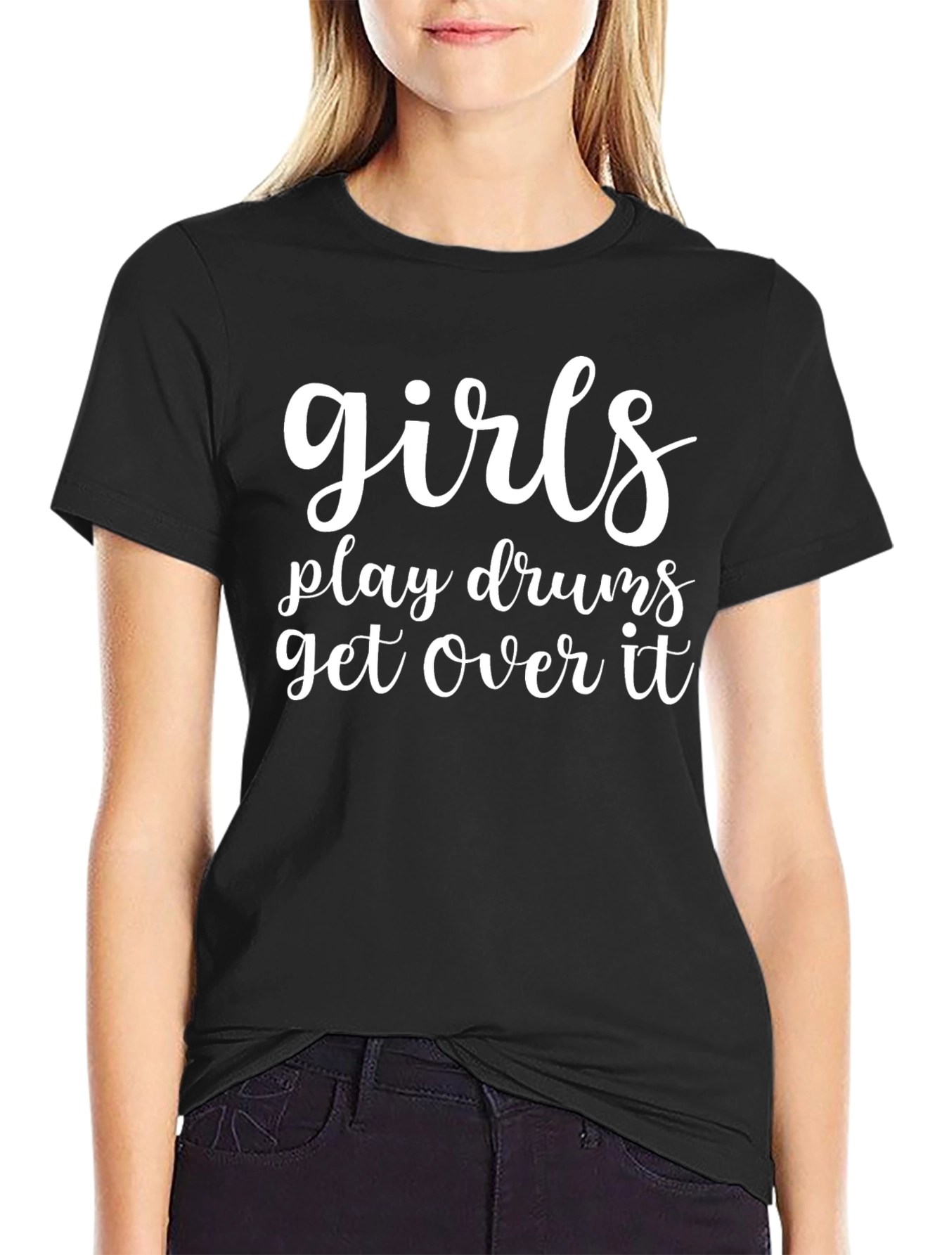 Girls Play Drums T-Shirt - Black Crew Neck Tee