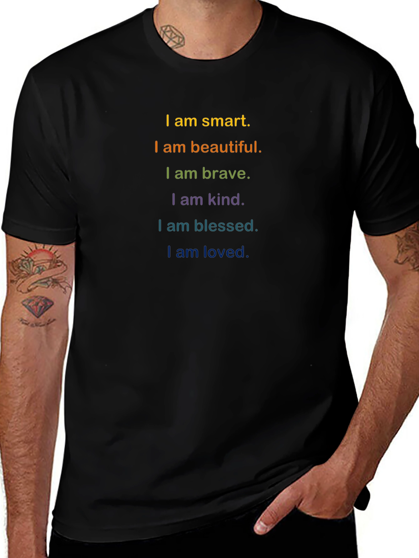 Inspirational Rainbow Text T-Shirt - Smart Brave Loved
