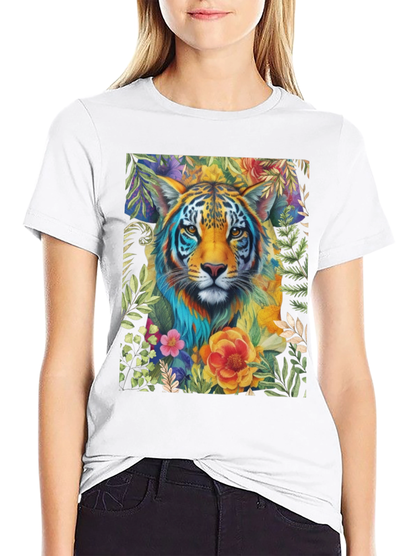 Floral Tiger Graphic Tee - Artistic Animal Shirt