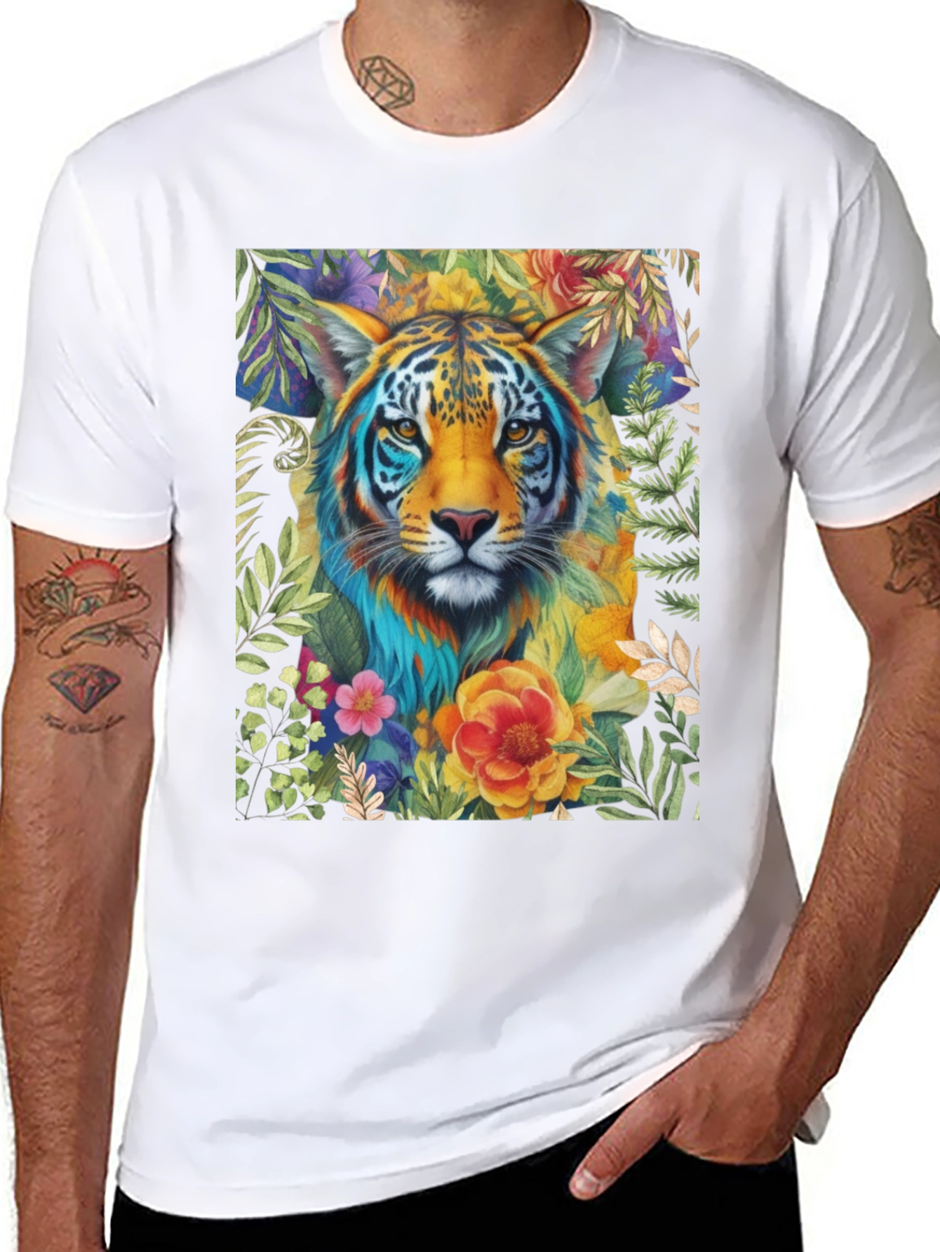 Floral Tiger Graphic Tee - Artistic Animal Shirt
