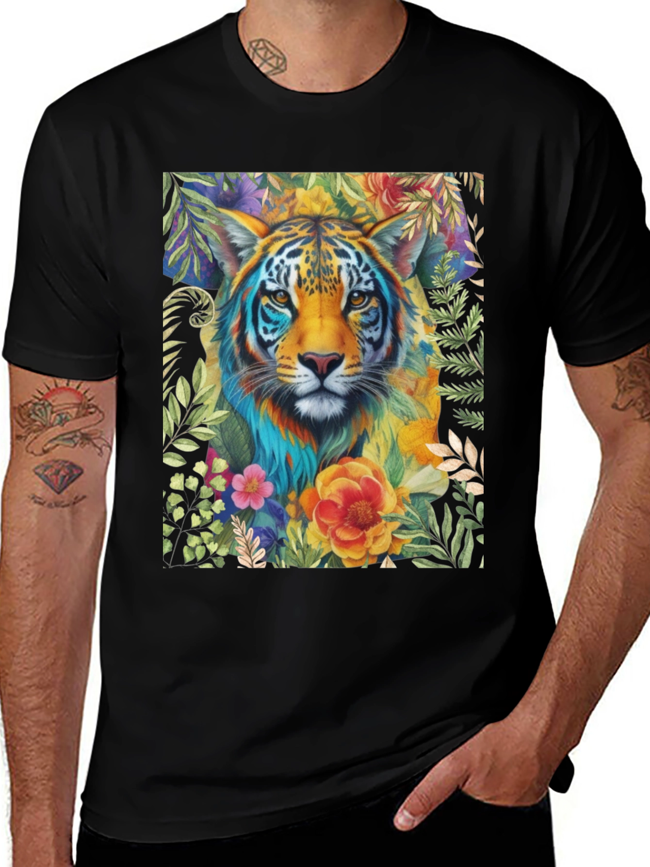 Floral Tiger Graphic Tee - Artistic Animal Shirt