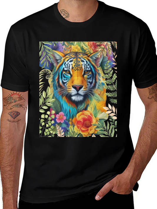 Floral Tiger Graphic Tee - Artistic Animal Shirt