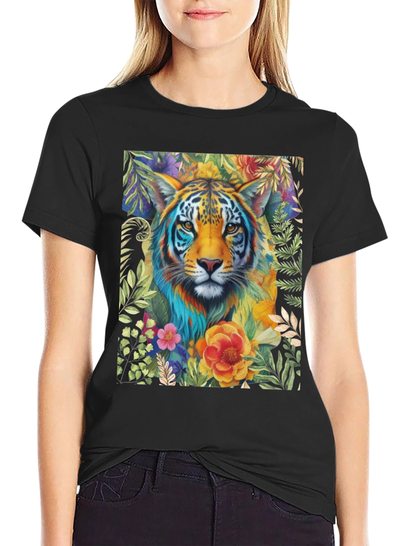 Floral Tiger Graphic Tee - Artistic Animal Shirt