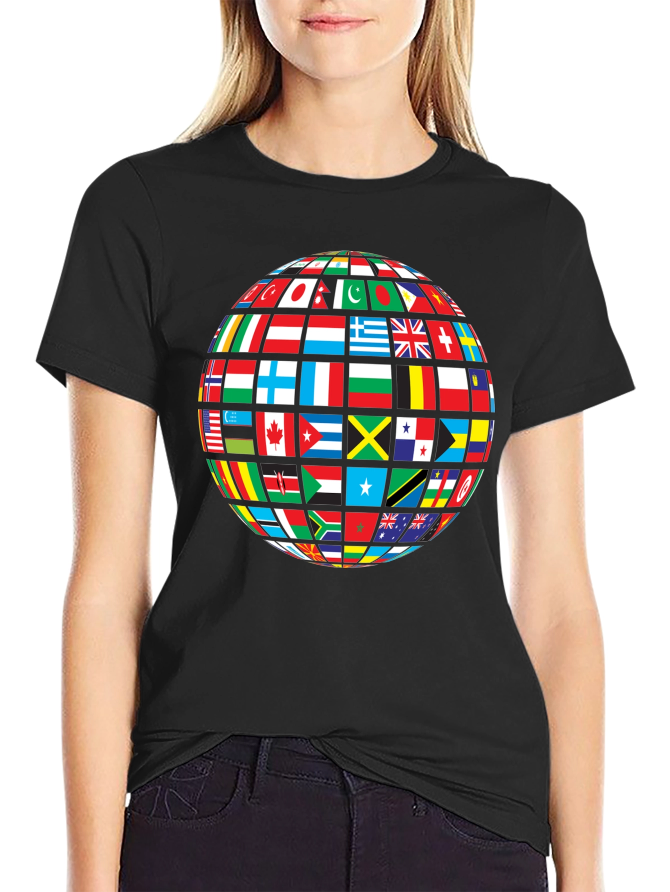 Global Flags Graphic Tee - Black Crew Neck Shirt