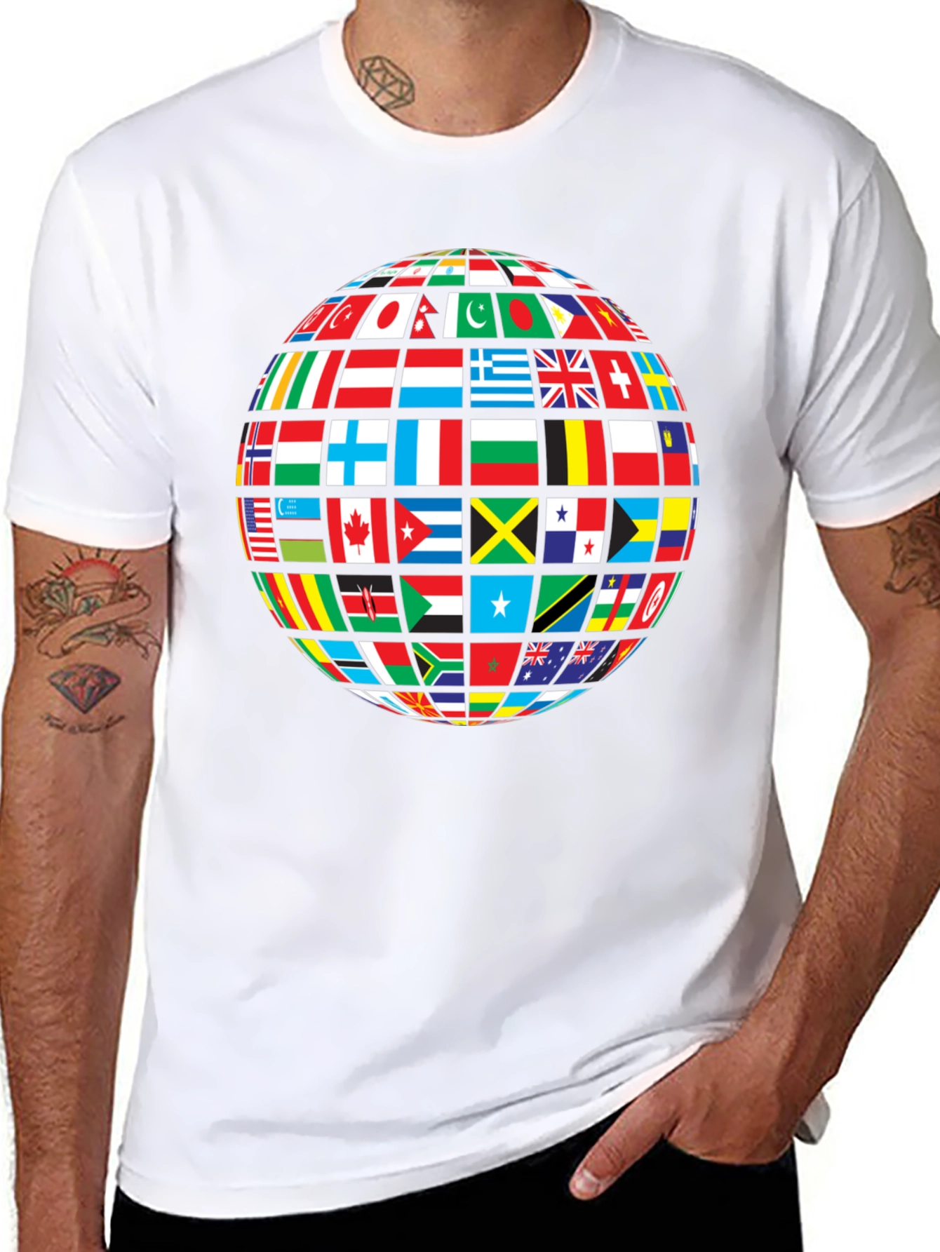 Global Flags Graphic Tee - Black Crew Neck Shirt