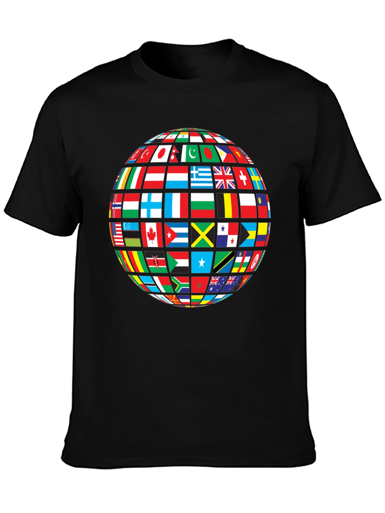 Global Flags Graphic Tee - Black Crew Neck Shirt