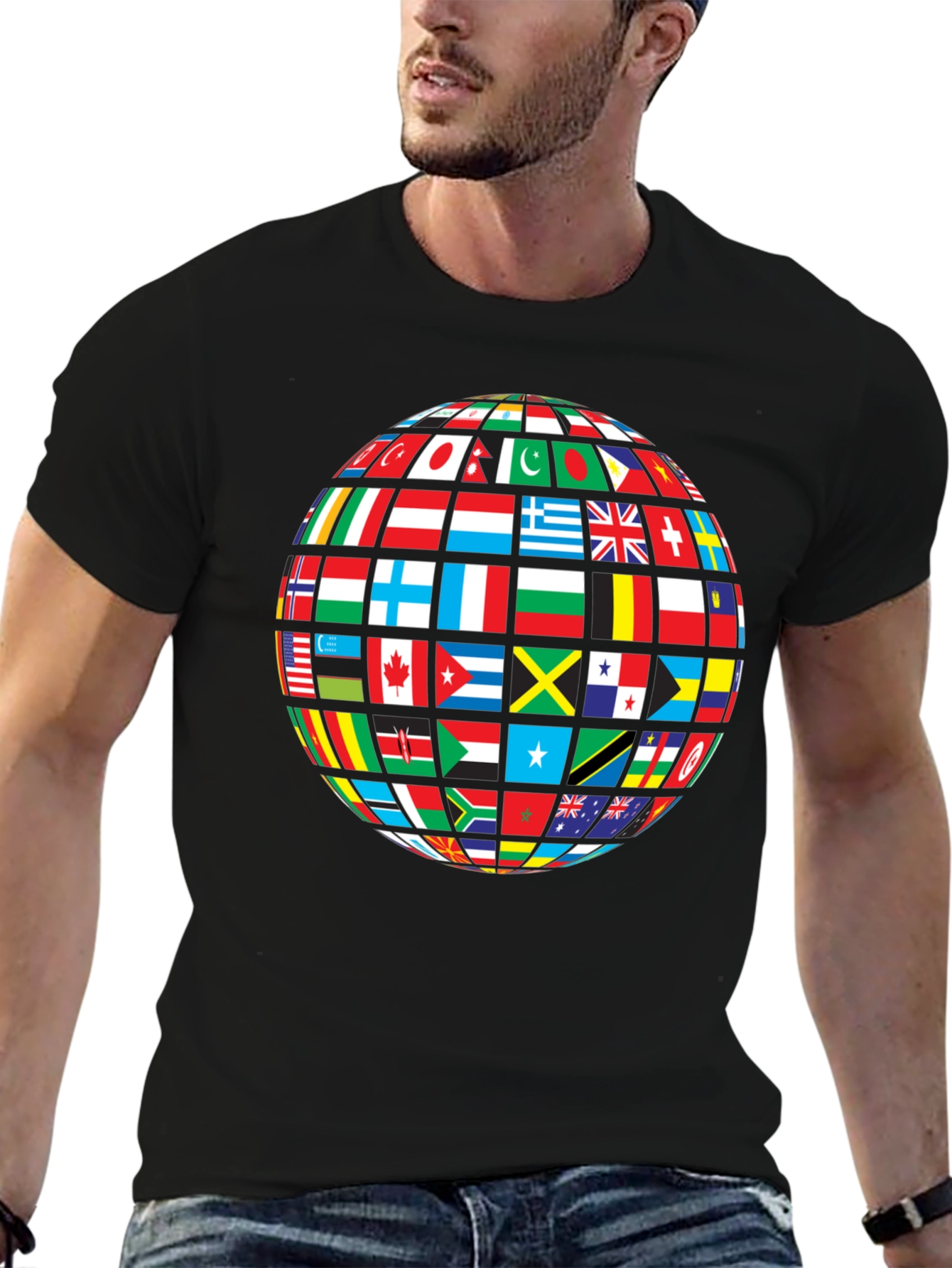 Global Flags Graphic Tee - Black Crew Neck Shirt