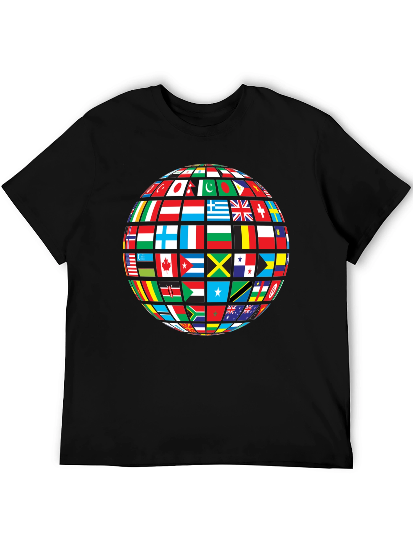 Global Flags Graphic Tee - Black Crew Neck Shirt