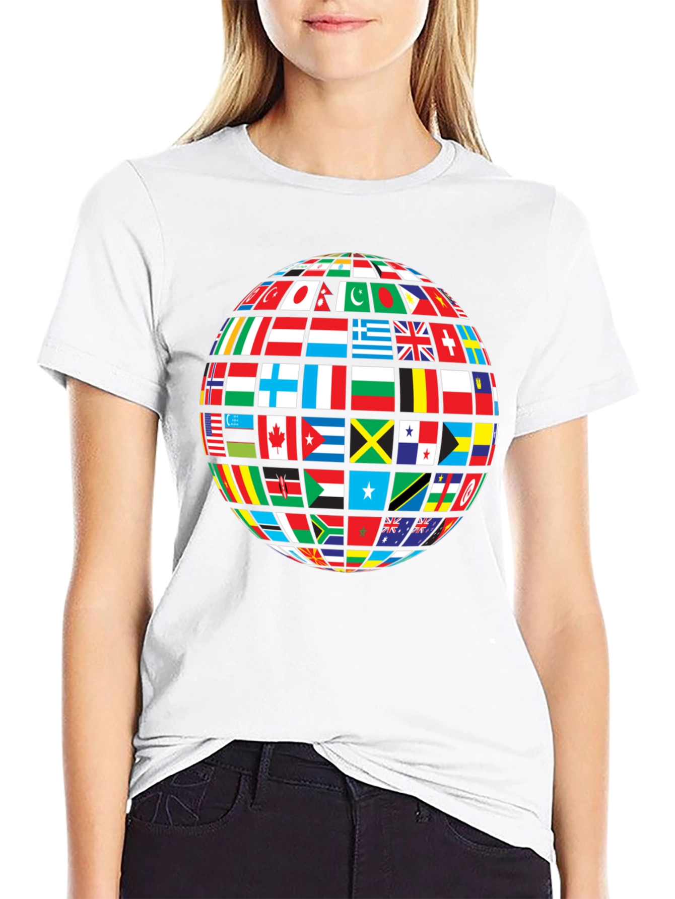 Global Flags Graphic Tee - Black Crew Neck Shirt