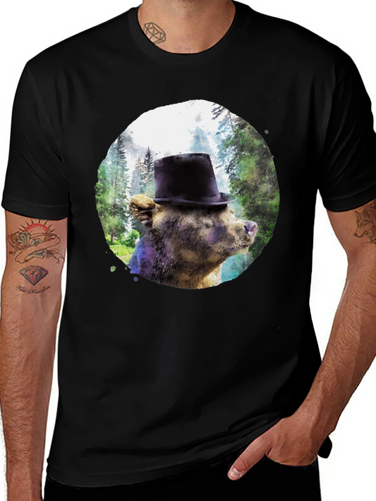 Bear in Top Hat Graphic Tee - Unique Forest Design