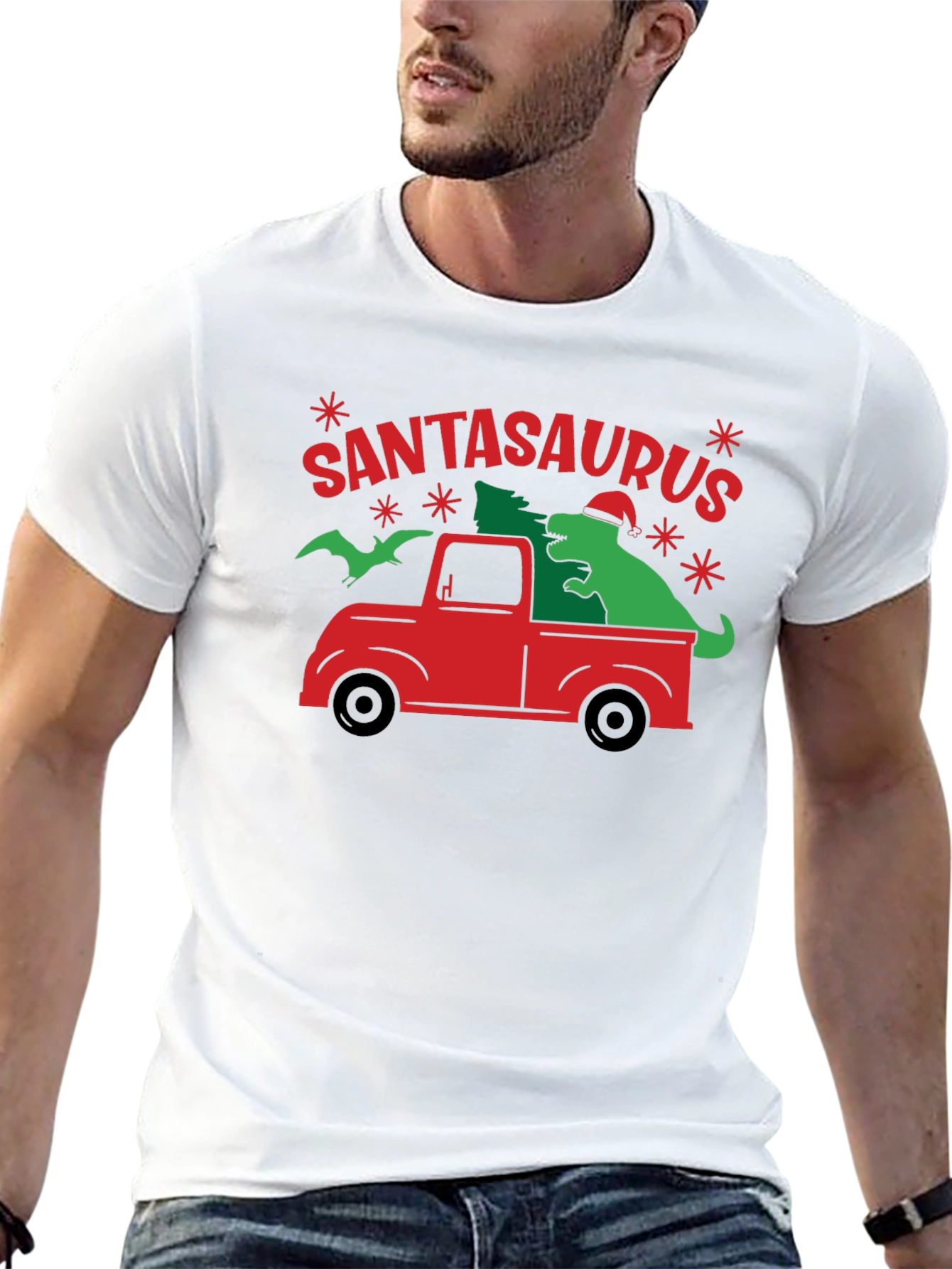 SANTASAURUS Graphic Tee - Christmas Dinosaur Truck Shirt