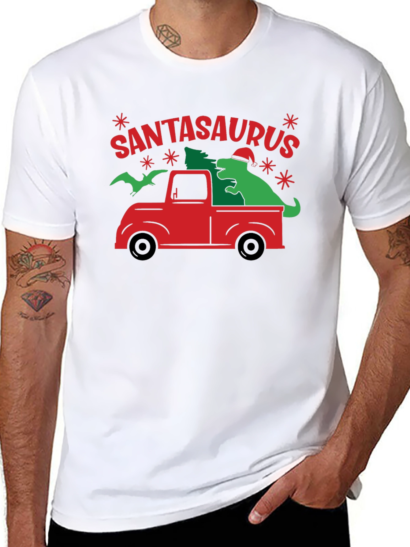 SANTASAURUS Graphic Tee - Christmas Dinosaur Truck Shirt