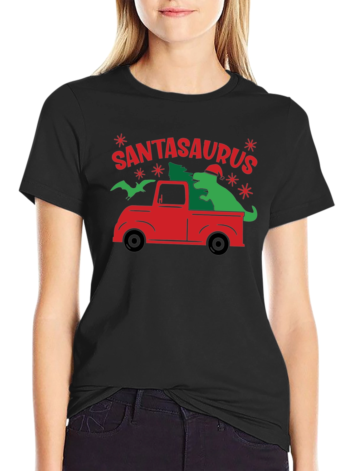 SANTASAURUS Graphic Tee - Christmas Dinosaur Truck Shirt