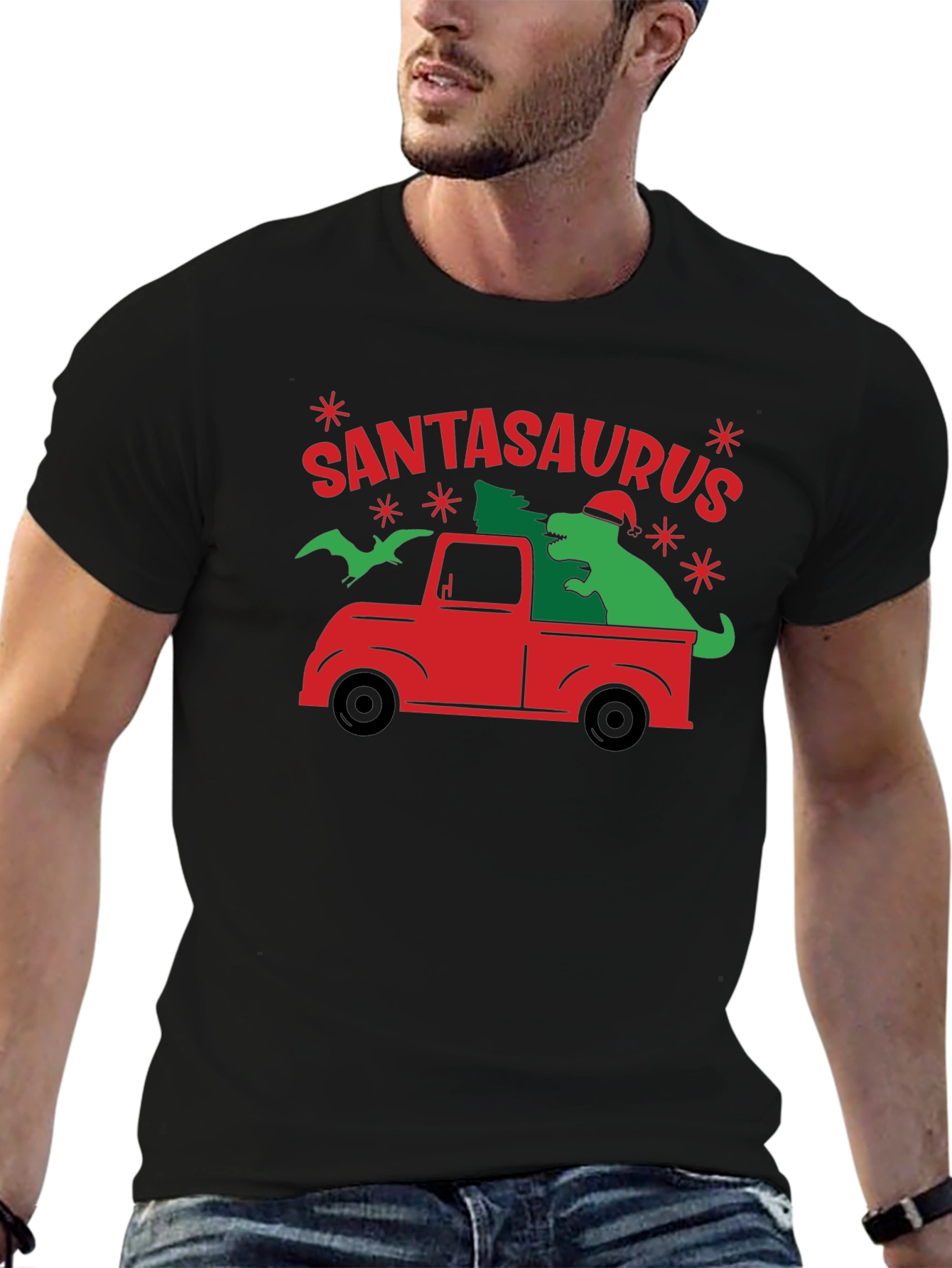 SANTASAURUS Graphic Tee - Christmas Dinosaur Truck Shirt