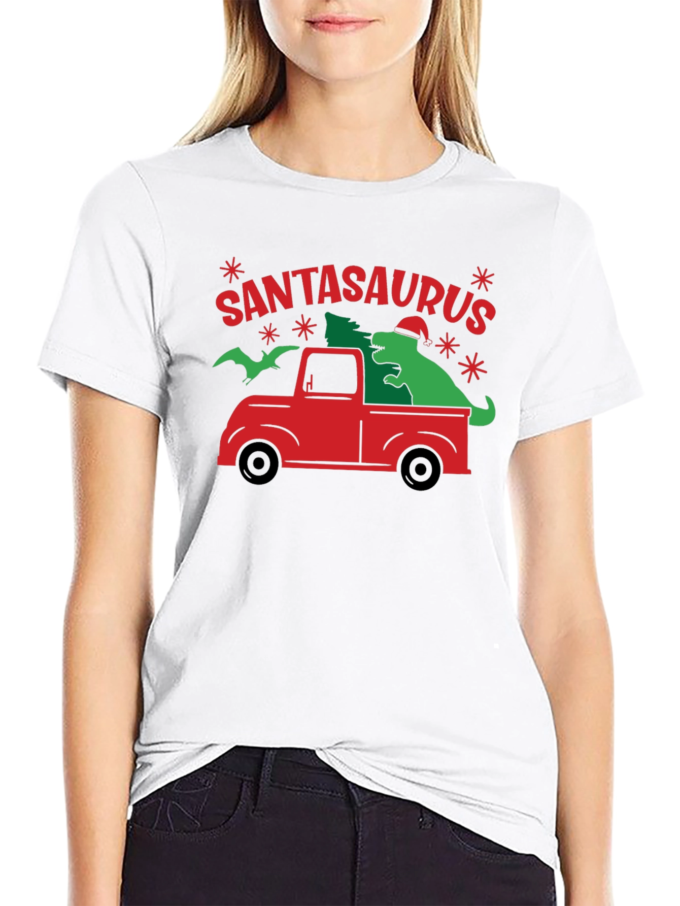 SANTASAURUS Graphic Tee - Christmas Dinosaur Truck Shirt