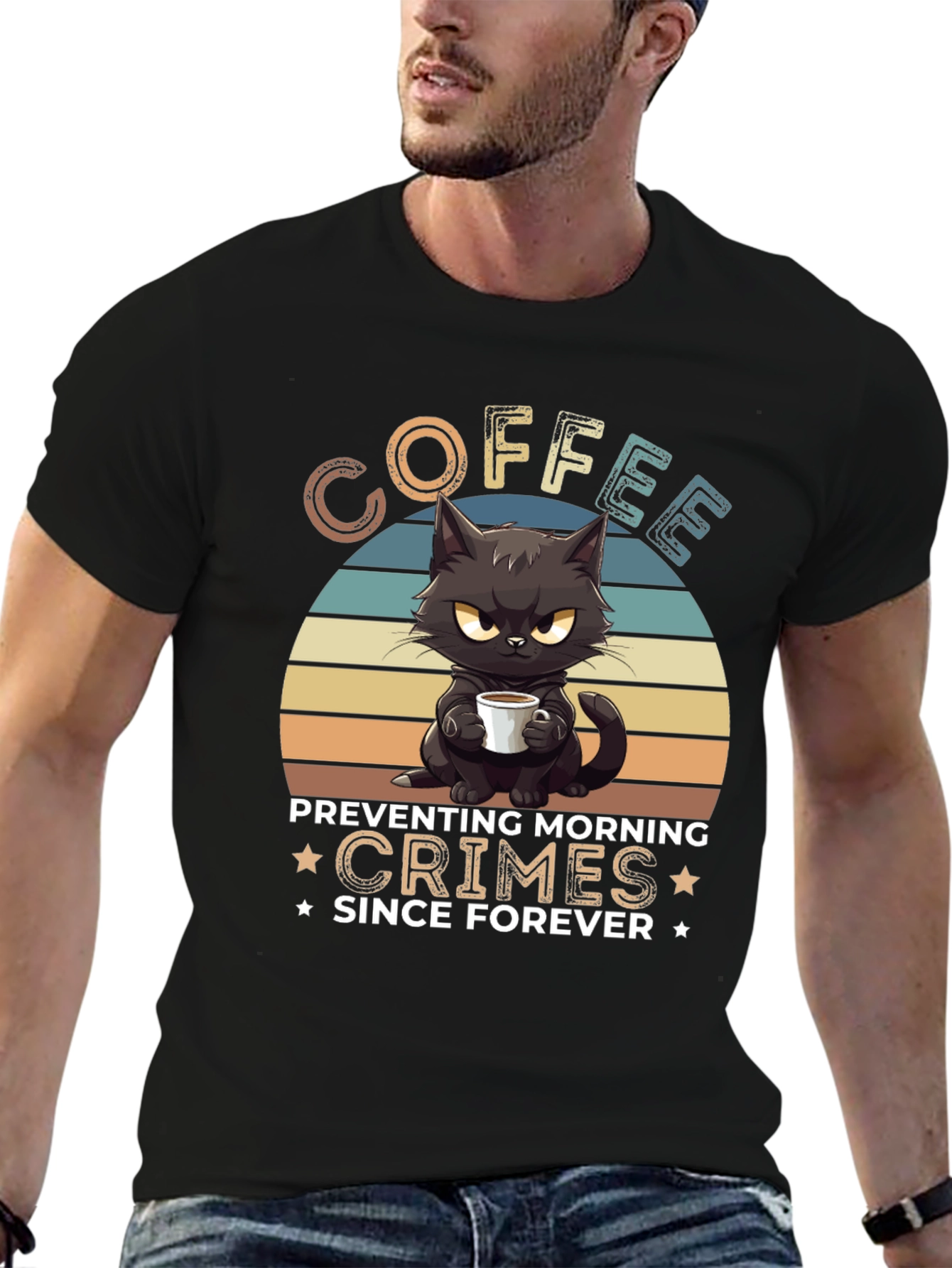 Coffee Preventing Morning Crimes Cat Graphic T-Shirt