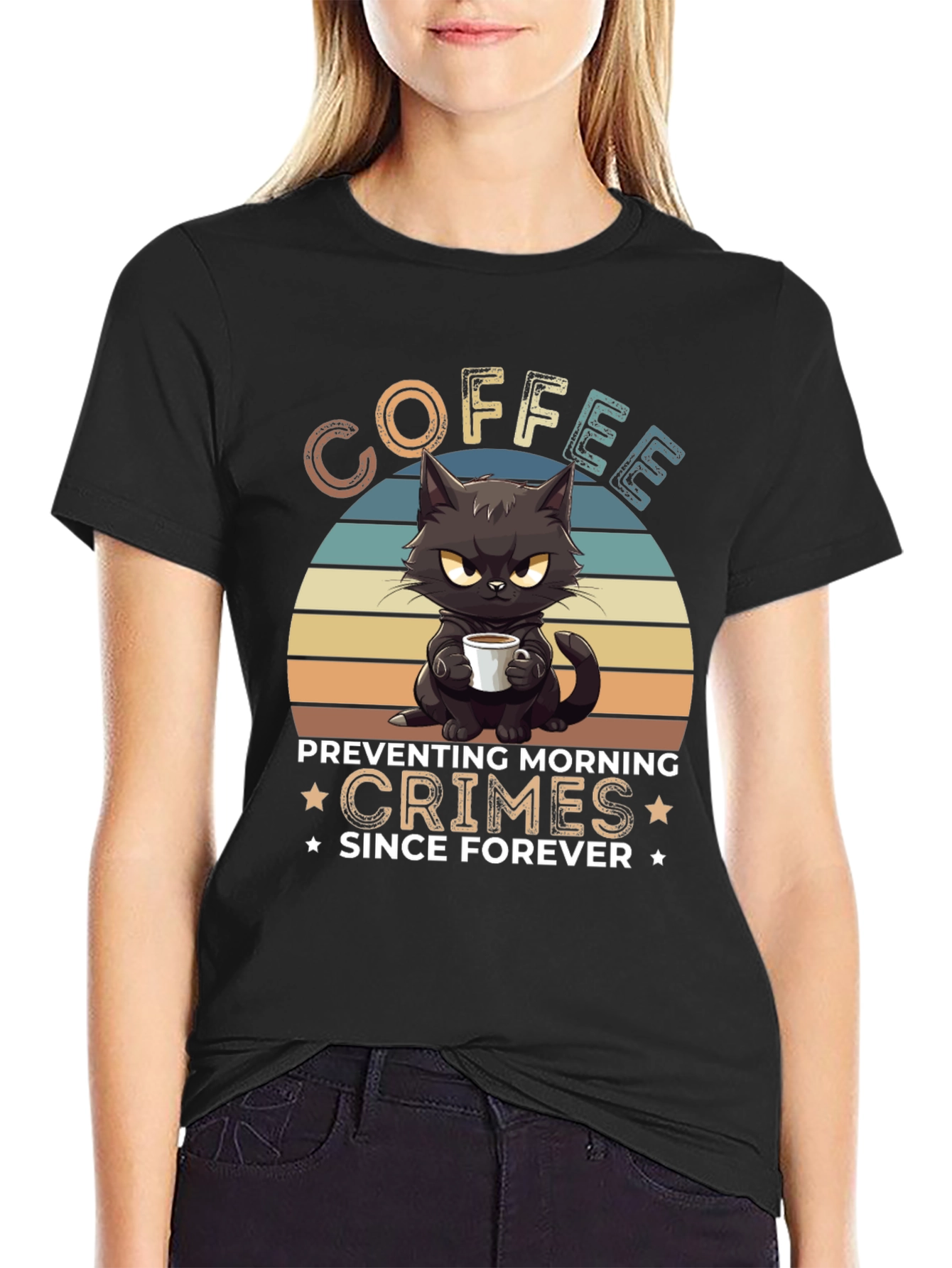 Coffee Preventing Morning Crimes Cat Graphic T-Shirt