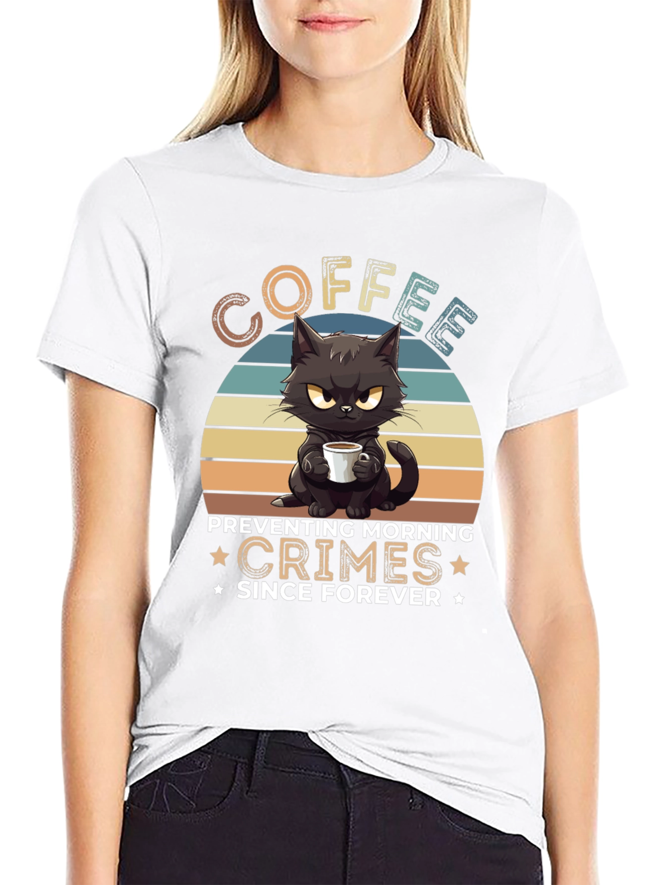 Coffee Preventing Morning Crimes Cat Graphic T-Shirt