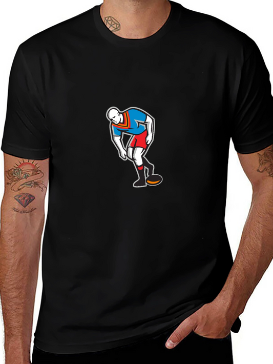 Mens Black T-Shirt with Cartoon Rugby Player Graphic
