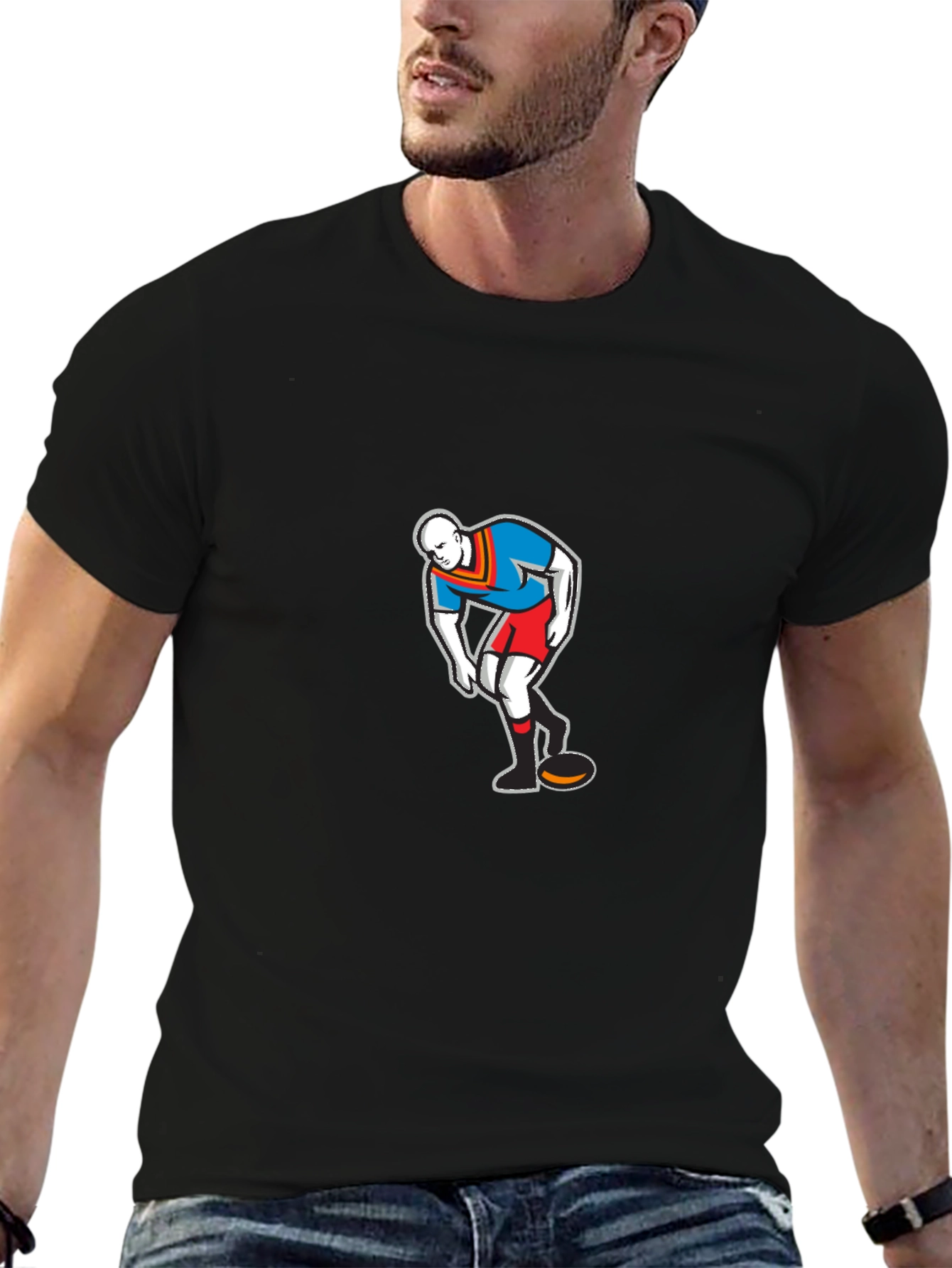 Mens Black T-Shirt with Cartoon Rugby Player Graphic