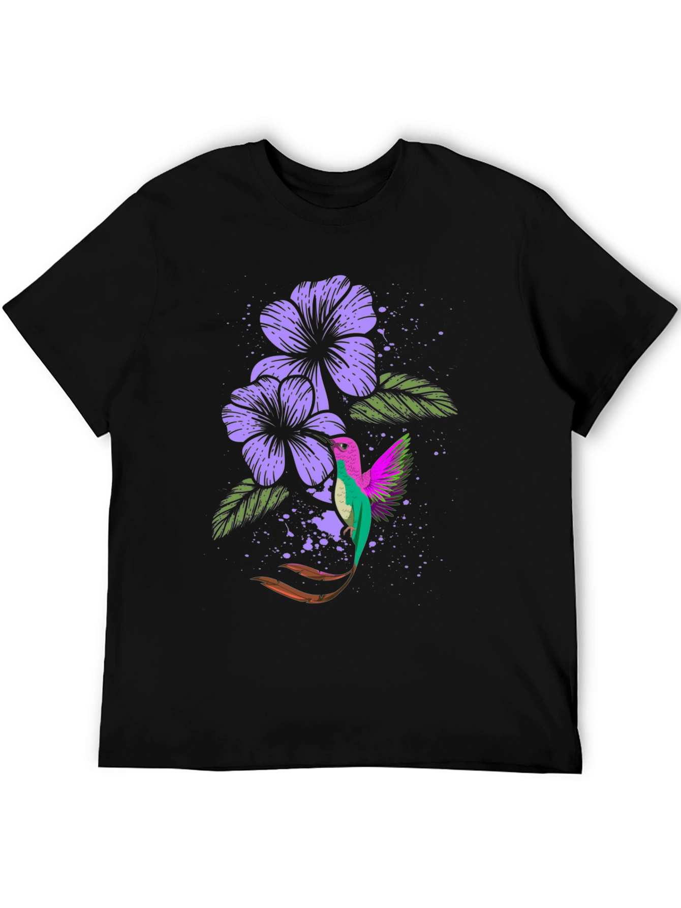 Hummingbird & Floral Print Black T-Shirt