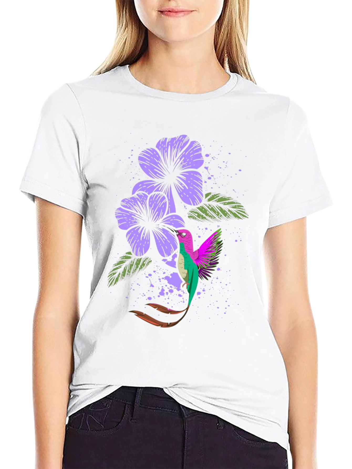 Hummingbird & Floral Print Black T-Shirt