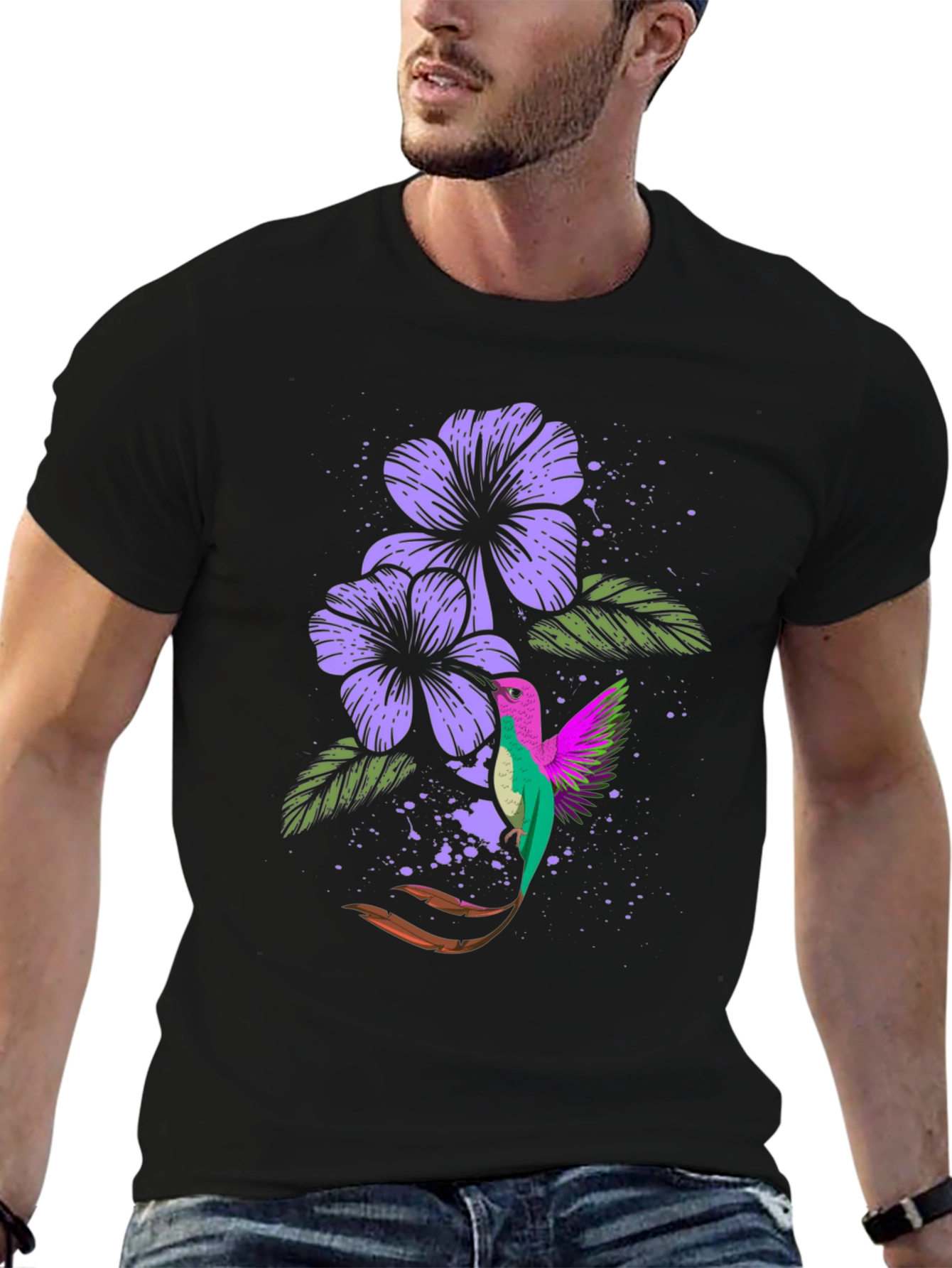 Hummingbird & Floral Print Black T-Shirt