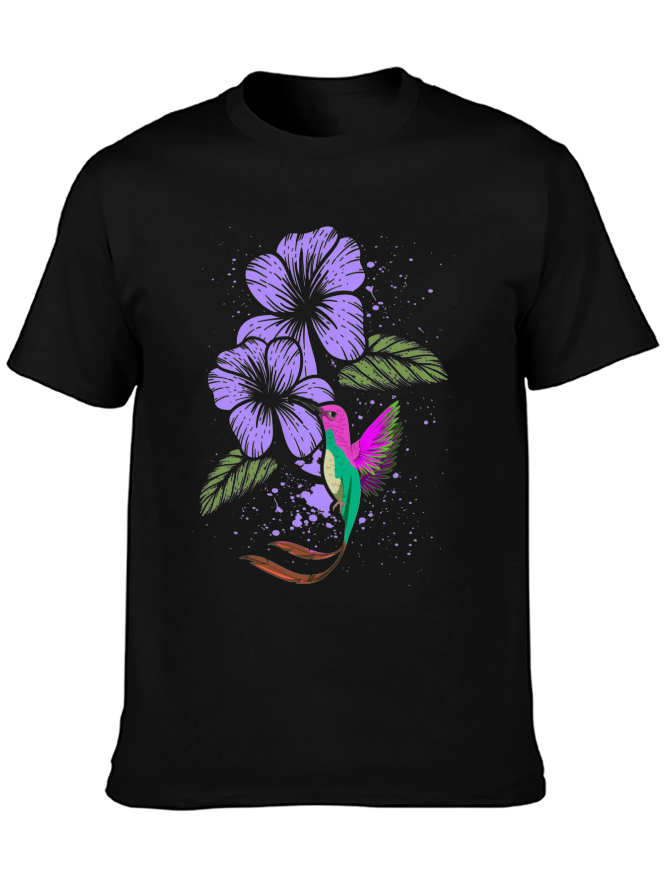 Hummingbird & Floral Print Black T-Shirt