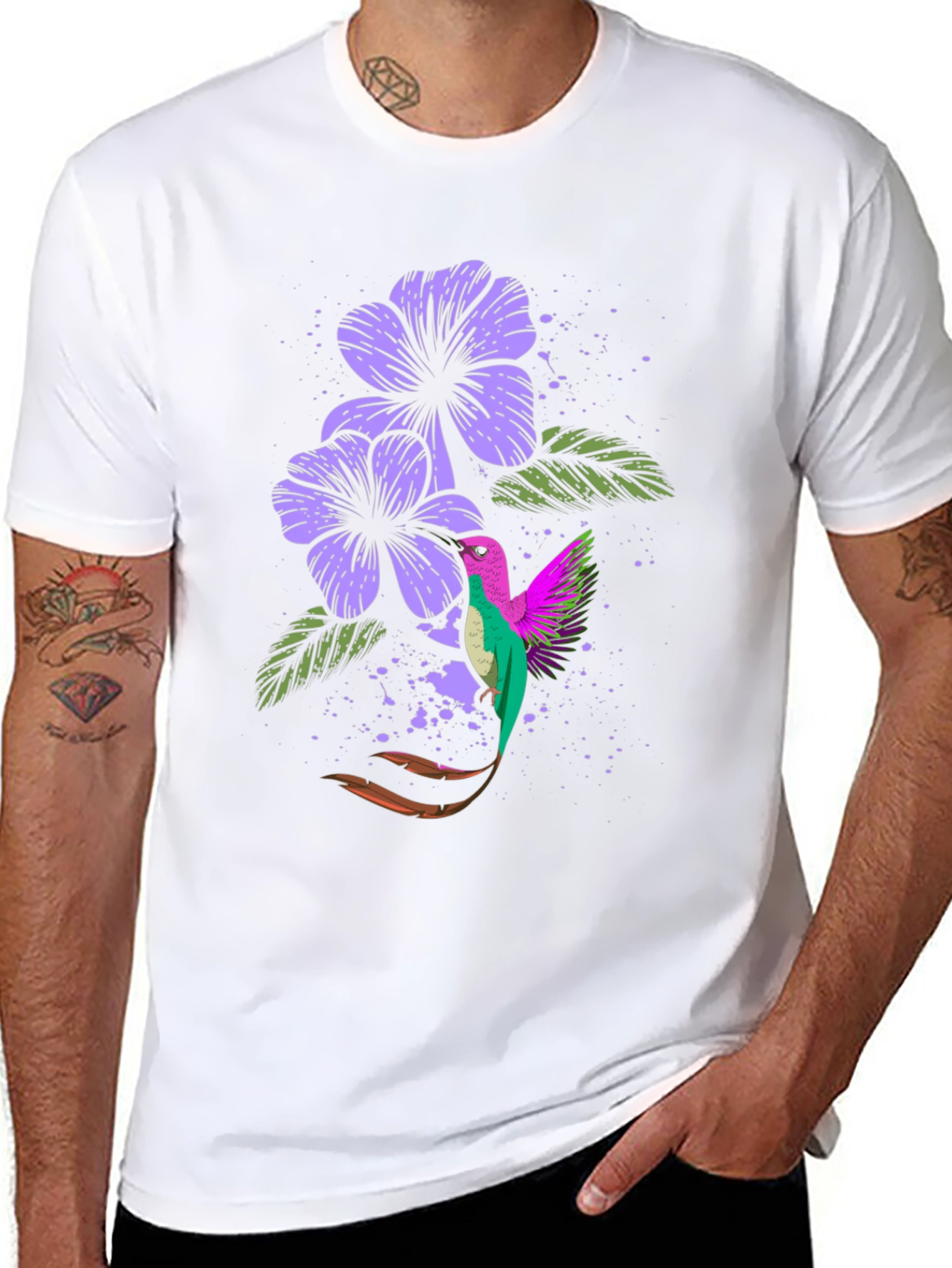 Hummingbird & Floral Print Black T-Shirt