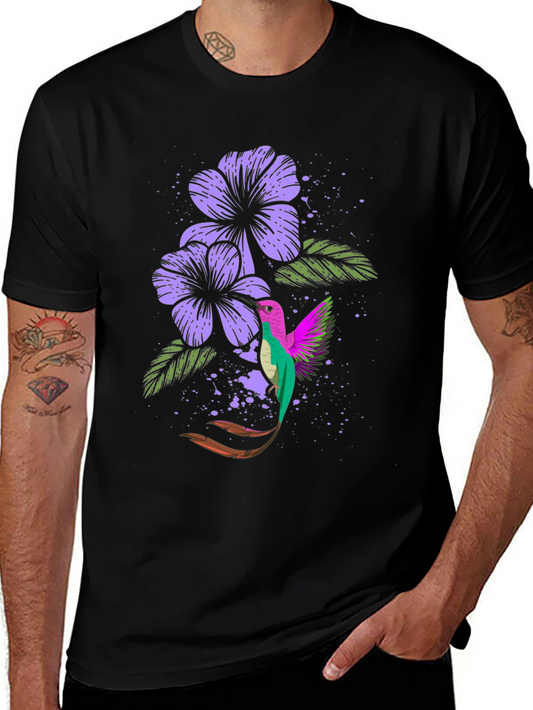 Hummingbird & Floral Print Black T-Shirt