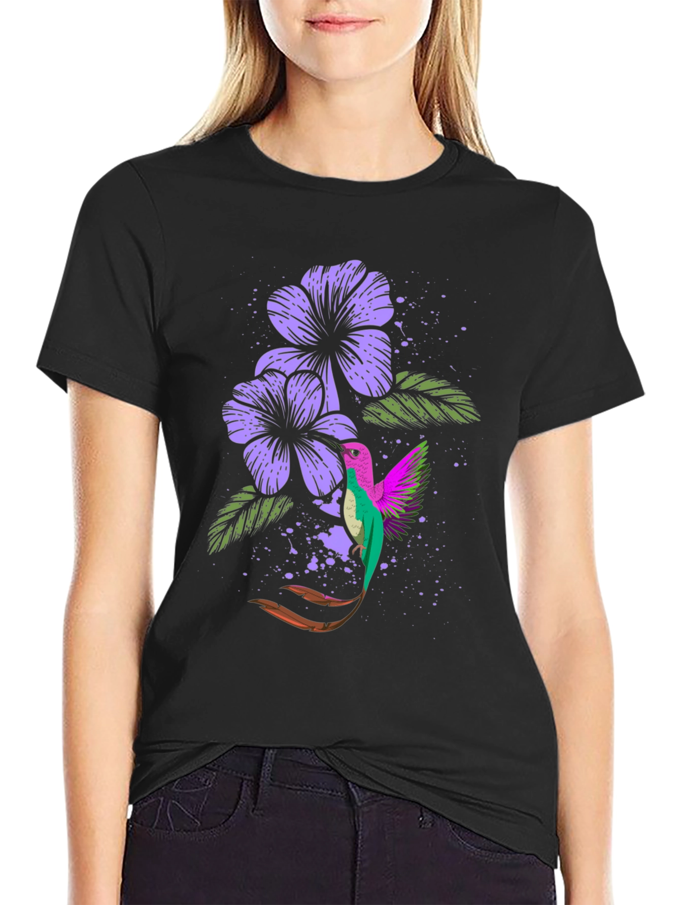Hummingbird & Floral Print Black T-Shirt