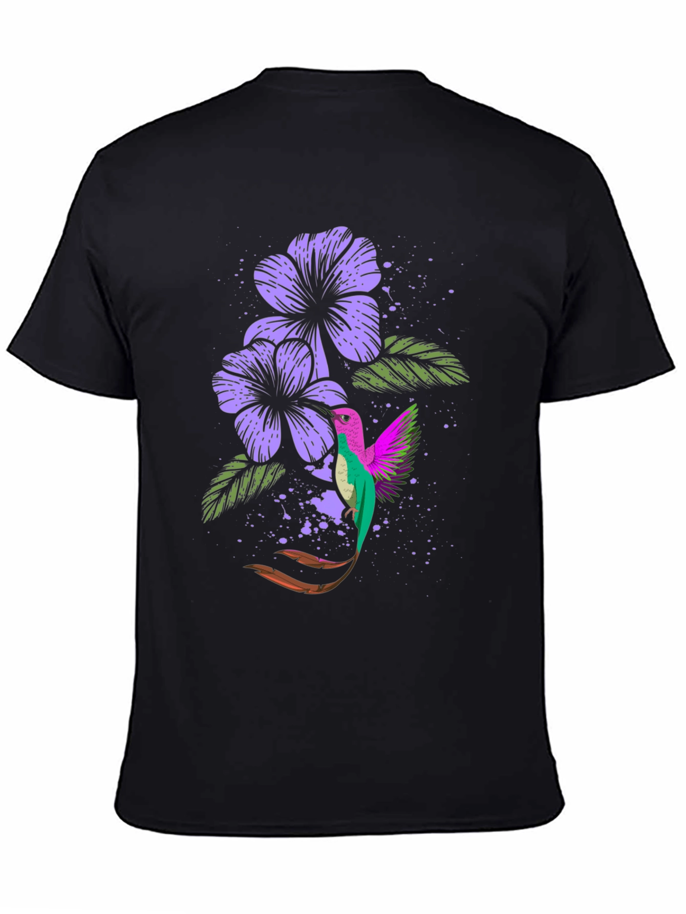 Hummingbird & Floral Print Black T-Shirt